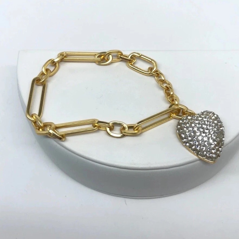 Vintage J. Crew Gold Paperclip Chain Charm Bracelet with CZ Heart Charm